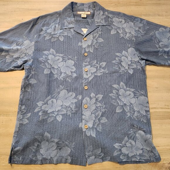 Paradise Blue Hawaiian Shirt 100% Silk Floral Beach Blue Button Up Mens Medium - Picture 3 of 11